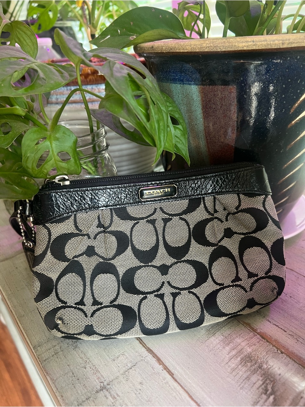 Coach Black and Tan Signature Canvas Wristlet Pouch